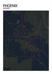 Poster Phoenix - Arizona map. Road map. Illustration of Phoenix - Arizona streets. Transportation network. Printable poster format.