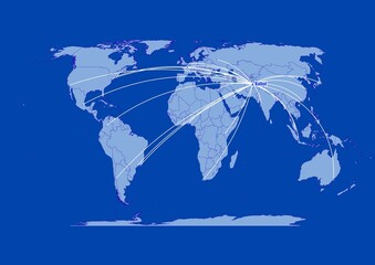 Kabul-Afghanistan on blue background,connections of Kabul-Afghanistan to other major cities around the world.