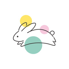 飛び跳ねているシンプルなうさぎの線画イラスト　水玉の背景