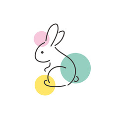 横向きで座っているシンプルなうさぎの線画イラスト　水玉の背景