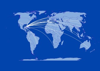 Mérida-Mexico on blue background,connections of Mérida-Mexico to other major cities around the world.