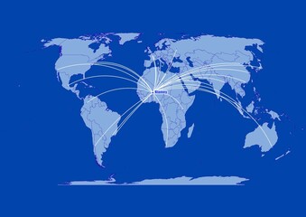 Niamey-Niger on blue background,connections of Niamey-Niger to other major cities around the world.