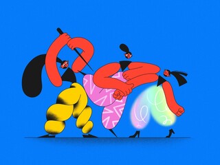 three women fighting on blue background