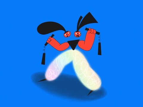 Two twin Women fighting holding nunchaku weapon 