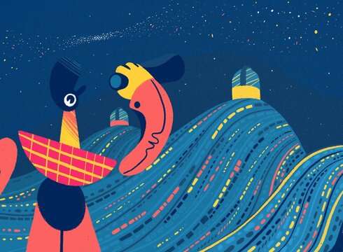 Astronomer character exploring universe space looking at star sky 