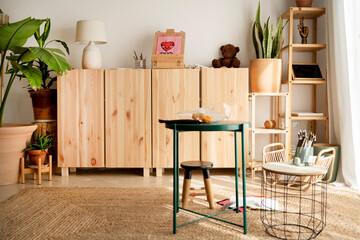 Set to make puppets in living room interior view