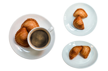 Spiral curry puff and black coffee on a white plate