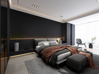 3D rendering, elegant and modern bedroom design, big bed with overcoat cabinet, coffee table, TV, carpet, etc., very comfortable and leisure.