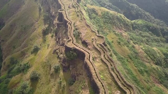 Overgrown Zunjar Machi in Torna Fort, medieval hill fort in India