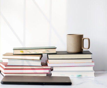 Coffee mug resting on stack of books
