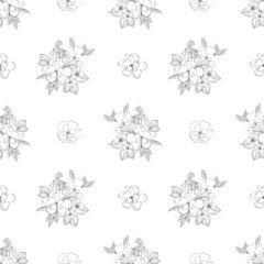 Line art flowers seamless pattern. Composition of botanical elements for fabric, wallpapper and surface design.