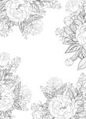 Floral frame. Greeting card design. Composition from botanical elements. Flowers and leaves in line art style.