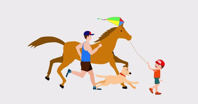 Man, dog, horseboy running with a kite in his hand in the field 2d animation