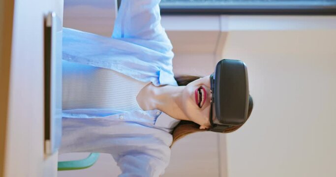 vertical woman wear vr glasses