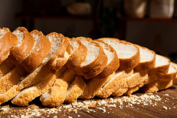 slices of bread on a wooden table with crumbs 