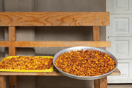 two trays full of tejocote on a wooden bench