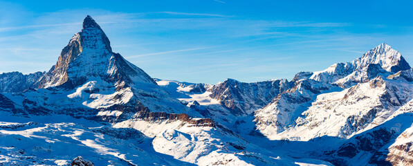 Photo of Matterhorn mountain, canton of Valais, Switzerland. Nature landmark.