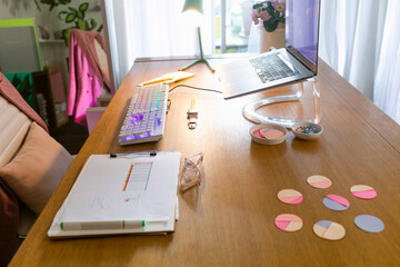 Colorful workspace with colorful keyword and graphics