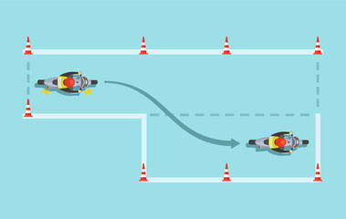 Safe motorcycle riding and traffic regulation rules. Moto parking tips. Top view of a motorcycle ride practice. Flat vector illustration template.