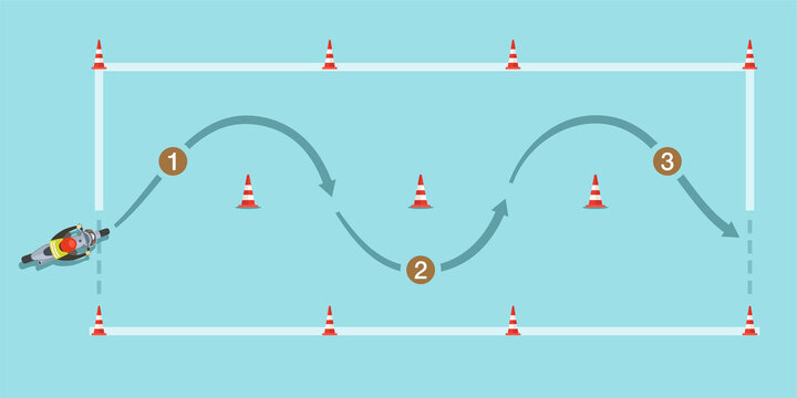 Safe motorcycle riding and traffic regulation rules. Slow speed cone weave pracitce. Top view of a motorcycle riding. Flat vector illustration template.