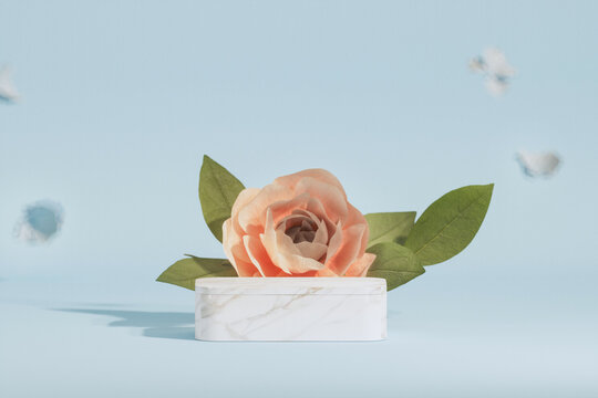 3D podium display, pastel blue background with rose flowers. Orchid flower and palm leaf shadow. Minimal pedestal for beauty, cosmetic product. Valentine, feminine copy space template 3d render	