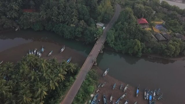 Aerial tilts from jungle road traffic to long sand beach in Agonda Goa