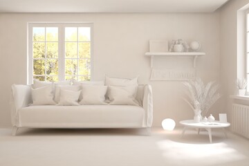 White minimalist living room with sofa. Scandinavian interior design. 3D illustration