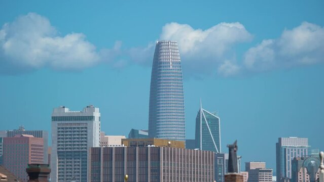Wide shot of Salesforce Tower and business buildings in Downtown of San Francisco during summer day