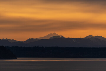 Sunrise over mountains and water, Puget Sound Washington, Pacific Northwest