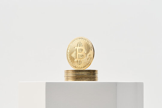 Stack of bitcoins on block