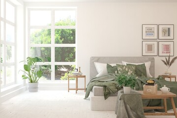 White bedroom interior. Scandinavian design. 3D illustration