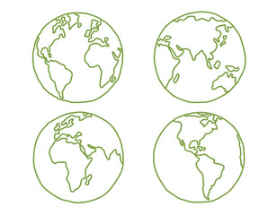 Set Line Globe isolated planet earth map hand draw on white background. Vector design illustration.