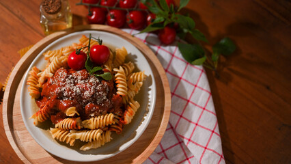 Fusilli pasta, Italian food, with special homemade tomato sauce