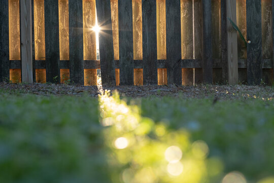 Wooden Fence and Ray of Sunlight over Green Grass
