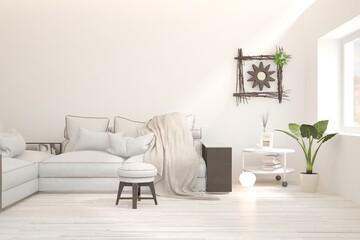 White living room with sofa. Scandinavian interior design. 3D illustration