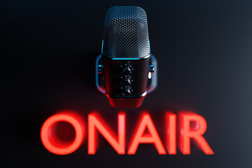 Retro microphone with background and copy space on black  background