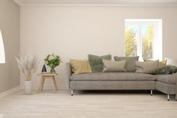 White living room with sofa. Scandinavian interior design. 3D illustration