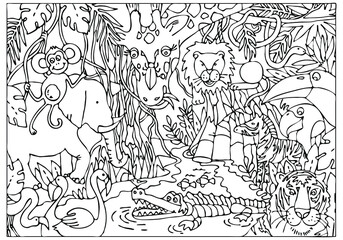 Coloring page with Animals of rainforest and jungle. Wild animals between tropical plant. Landscape. Coloring book for kids or adult. Worksheet. Sketch vector illustration