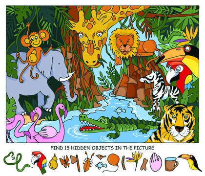 Animals in tropical jungle or rainforest. Find hidden 15 objects in picture. Puzzle game for kids. Education game for family celebration, school, party, magazines. Sketch Vector.