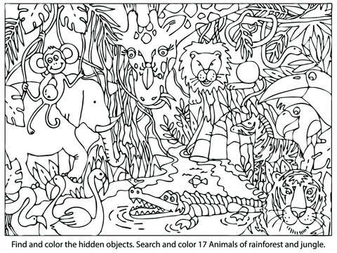 Find and color the hidden objects. Search and color 17 Animals of rainforest and jungle. Coloring page for kids or adult. Sketch vector illustration.