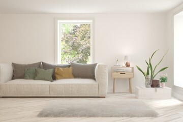 White living room with sofa and summer landscape in window. Scandinavian interior design. 3D illustration
