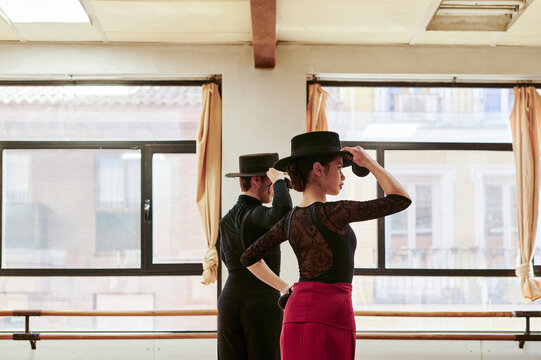 Flamenco dancers in traditional clothes rehearsing