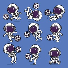 cute cartoon astronaut playing soccer. collection set