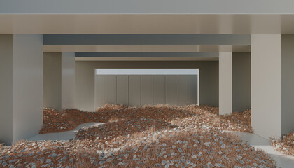 Surreal architecture with flower fields