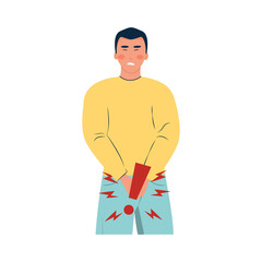 man with disease of genitourinary system. inflammation of prostate, pain. Bladder problems and urinary incontinence. Symptoms of prostatitis.  Isolated character. Vector illustration