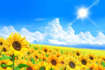雲のある青空に太陽の下美しいひまわりが咲くひまわり畑の初夏フレーム背景素材 - obrazy, fototapety, plakaty