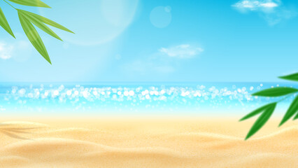 Fototapeta premium Realistic landscape of sunny beach. Sea coast with sunny sky and clouds. Beautiful summer scene with blue sky, clouds and tropical plants. Empty sea with clear horizon. 3d vector illustration.