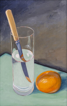 A painting with a knife, glass of water, and tangerine.