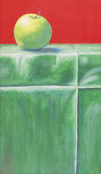 A still life painting of a crunchy green apple.