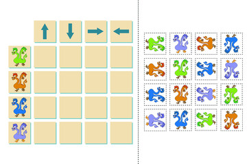 Match cartoon monsters and directions up, down, left and right. Educational game for children.